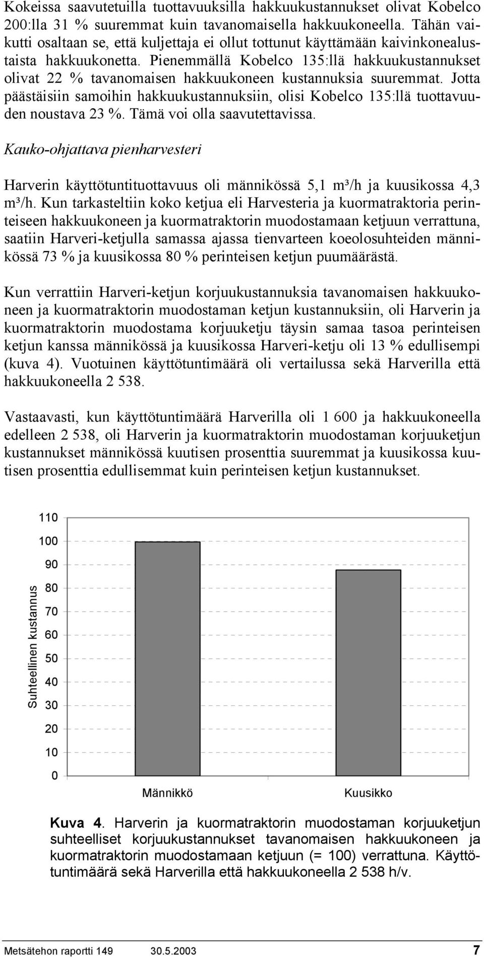 Pienemmällä Kobelco 135:llä hakkuukustannukset olivat 22 % tavanomaisen hakkuukoneen kustannuksia suuremmat.