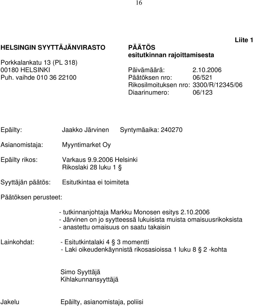 päätös: Myyntimarket Oy Varkaus 9.9.2006 Helsinki Rikoslaki 28 luku 1 Esitutkintaa ei toimiteta Päätöksen perusteet: - tutkinnanjohtaja Markku Monosen esitys 2.10.