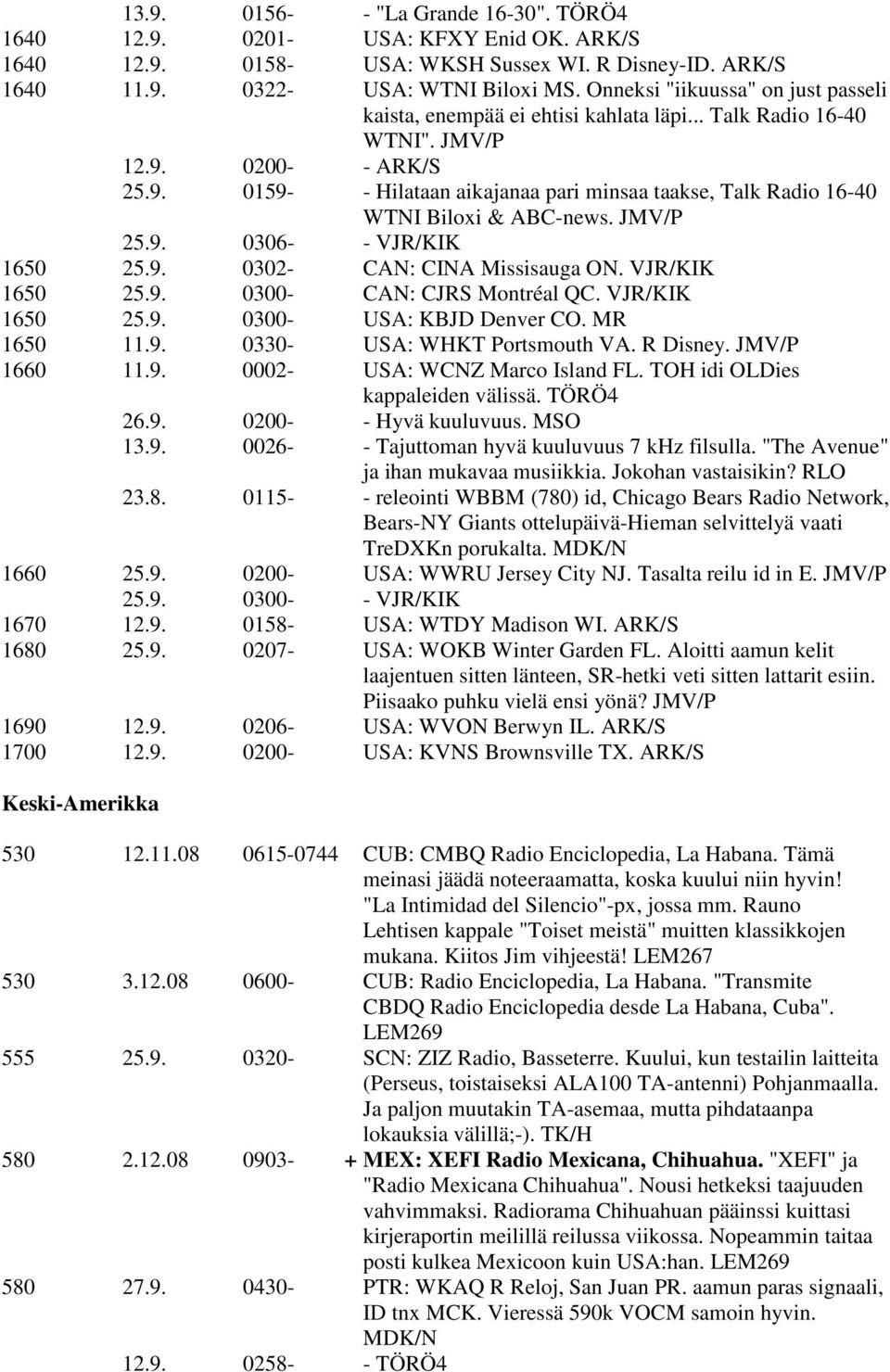 JMV/P 25.9. 0306- - VJR/KIK 1650 25.9. 0302- CAN: CINA Missisauga ON. VJR/KIK 1650 25.9. 0300- CAN: CJRS Montréal QC. VJR/KIK 1650 25.9. 0300- USA: KBJD Denver CO. MR 1650 11.9. 0330- USA: WHKT Portsmouth VA.