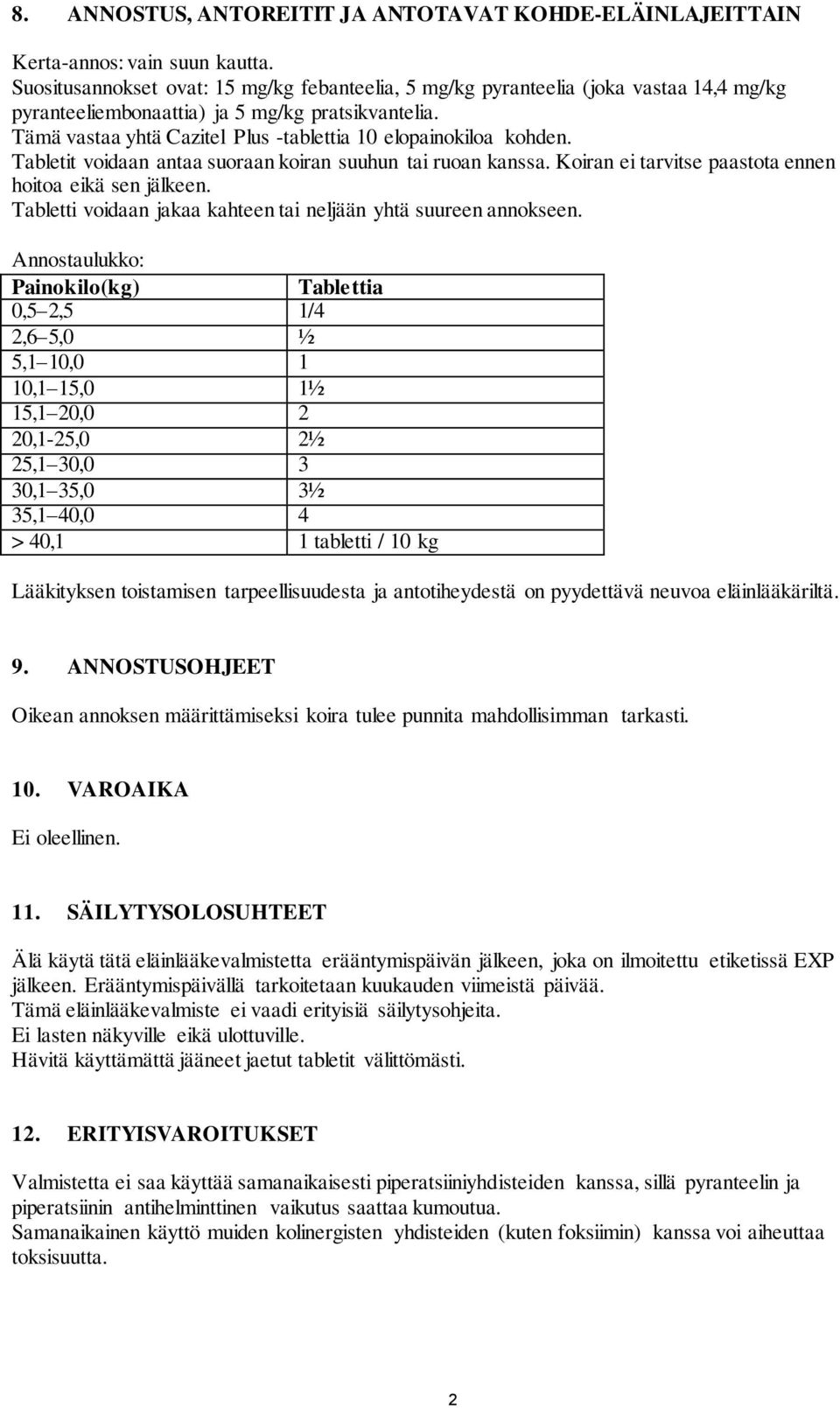 Tämä vastaa yhtä Cazitel Plus -tablettia 10 elopainokiloa kohden. Tabletit voidaan antaa suoraan koiran suuhun tai ruoan kanssa. Koiran ei tarvitse paastota ennen hoitoa eikä sen jälkeen.