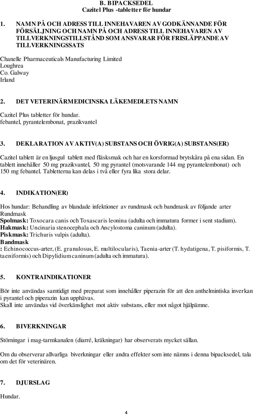 Pharmaceuticals Manufacturing Limited Loughrea Co. Galway Irland 2. DET VETERINÄRMEDICINSKA LÄKEMEDLETS NAMN Cazitel Plus tabletter för hundar. febantel, pyrantelembonat, prazikvantel 3.