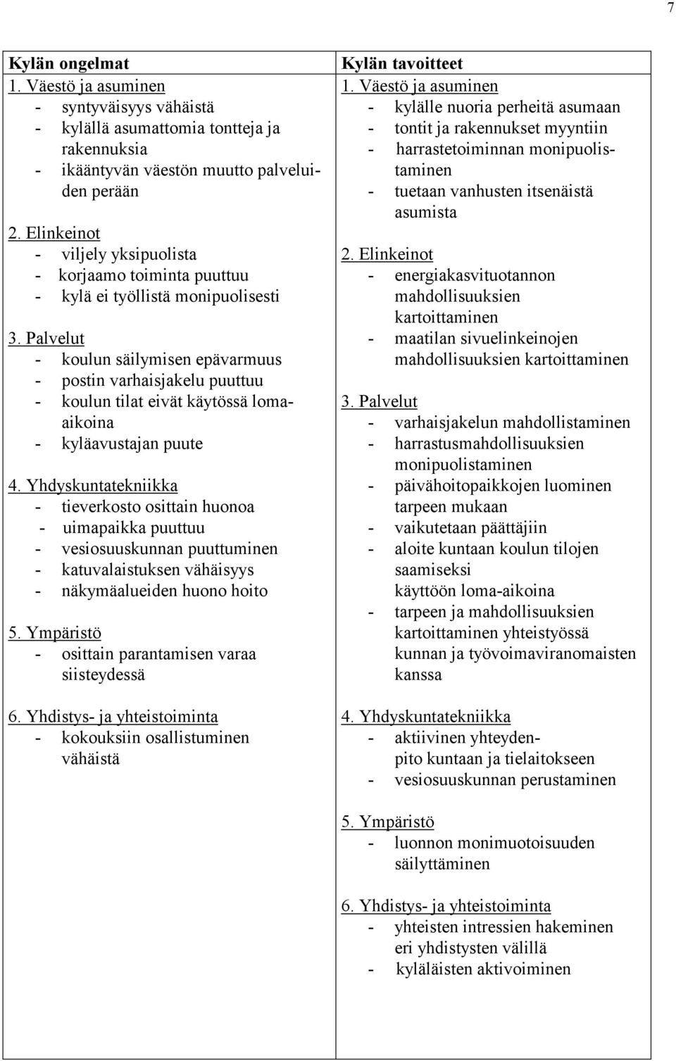 Palvelut - koulun säilymisen epävarmuus - postin varhaisjakelu puuttuu - koulun tilat eivät käytössä lomaaikoina - kyläavustajan puute 4.