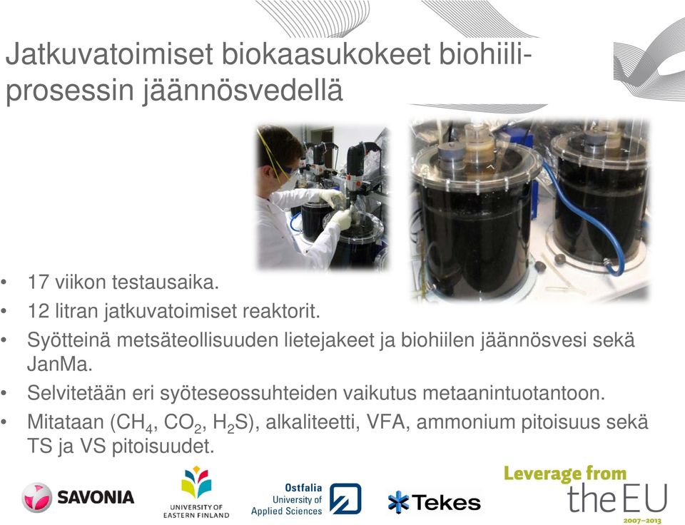 Syötteinä metsäteollisuuden lietejakeet ja biohiilen jäännösvesi sekä JanMa.