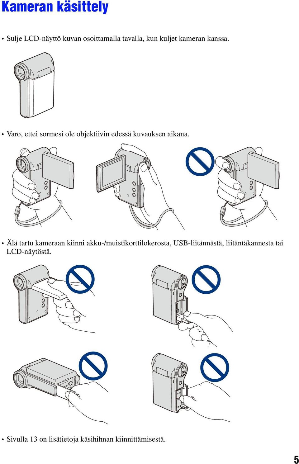 Älä tartu kameraan kiinni akku-/muistikorttilokerosta, USB-liitännästä,