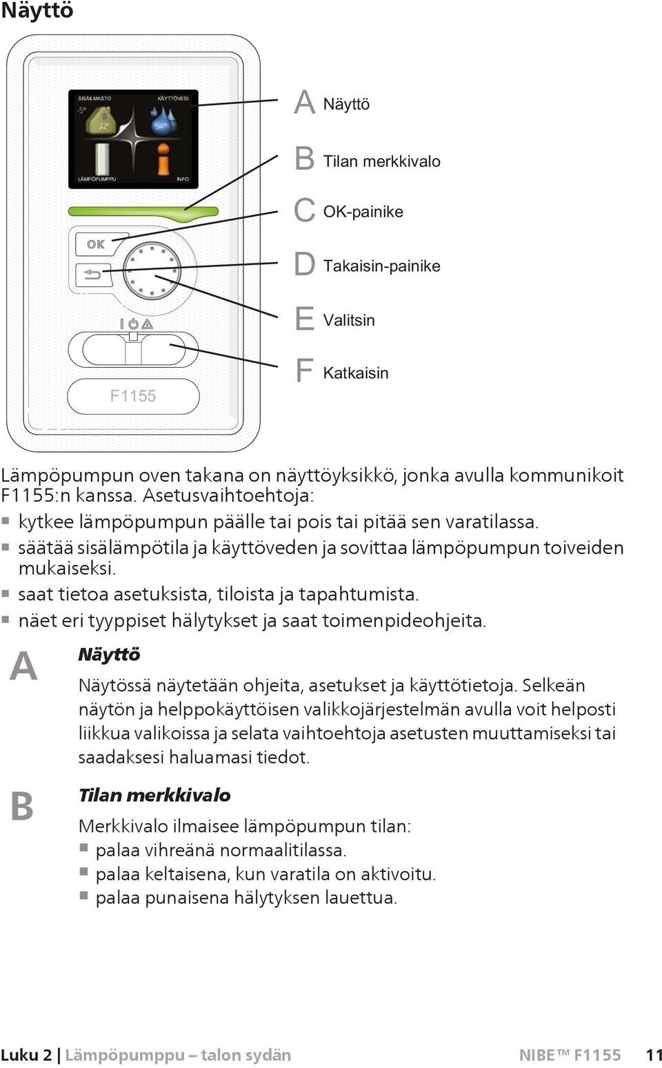 A Näyttö Näytössä näytetään ohjeita, asetukset ja käyttötietoja.