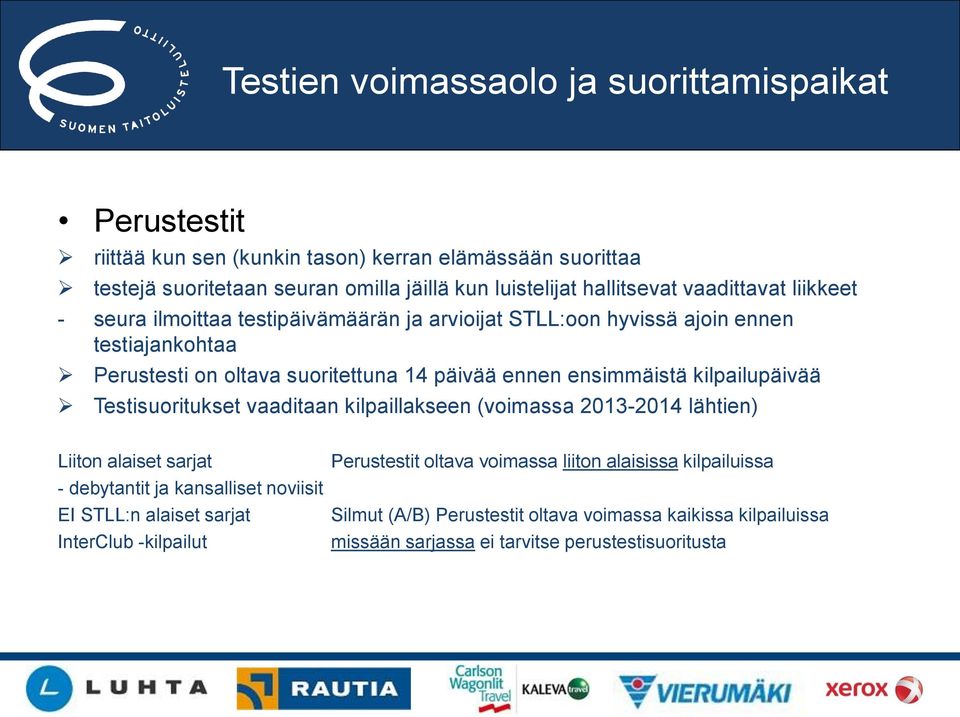 ensimmäistä kilpailupäivää Testisuoritukset vaaditaan kilpaillakseen (voimassa 2013-2014 lähtien) Liiton alaiset sarjat Perustestit oltava voimassa liiton alaisissa kilpailuissa -