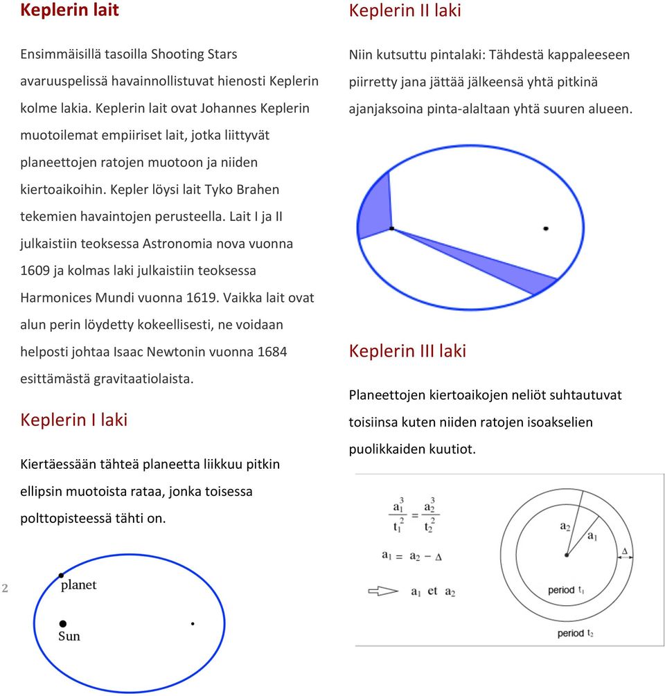 Lait I ja II julkaistiin teoksessa Astronomia nova vuonna 1609 ja kolmas laki julkaistiin teoksessa Harmonices Mundi vuonna 1619.