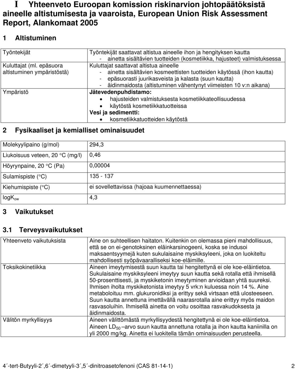 C) 135-137 Kiehumispiste ( C) logk ow 4,3 3 Vaikutukset Työntekijät saattavat altistua aineelle ihon ja hengityksen kautta - ainetta sisältävien tuotteiden (kosmetiikka, hajusteet) valmistuksessa