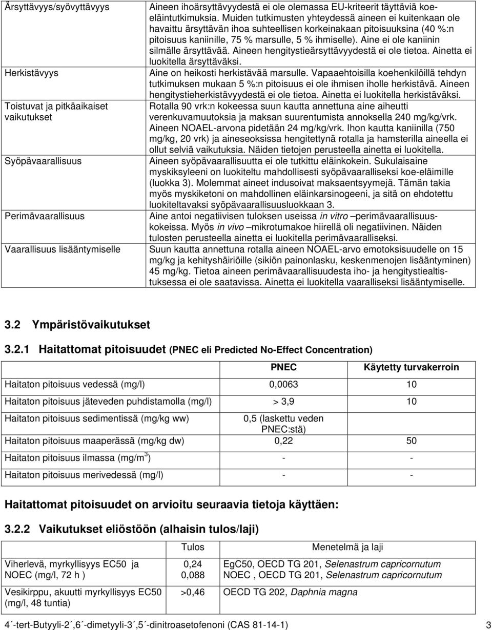 Aine ei ole kaniinin silmälle ärsyttävää. Aineen hengitystieärsyttävyydestä ei ole tietoa. Ainetta ei luokitella ärsyttäväksi. Aine on heikosti herkistävää marsulle.