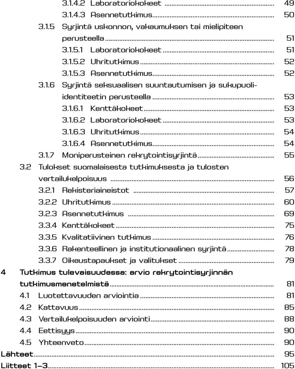 2 Tulokset suomalaisesta tutkimuksesta ja tulosten vertailukelpoisuus... 56 3.2.1 Rekisteriaineistot... 57 3.2.2 Uhritutkimus... 60 3.2.3 Asennetutkimus... 69 3.3.4 Kenttäkokeet... 75 3.3.5 Kvalitatiivinen tutkimus.