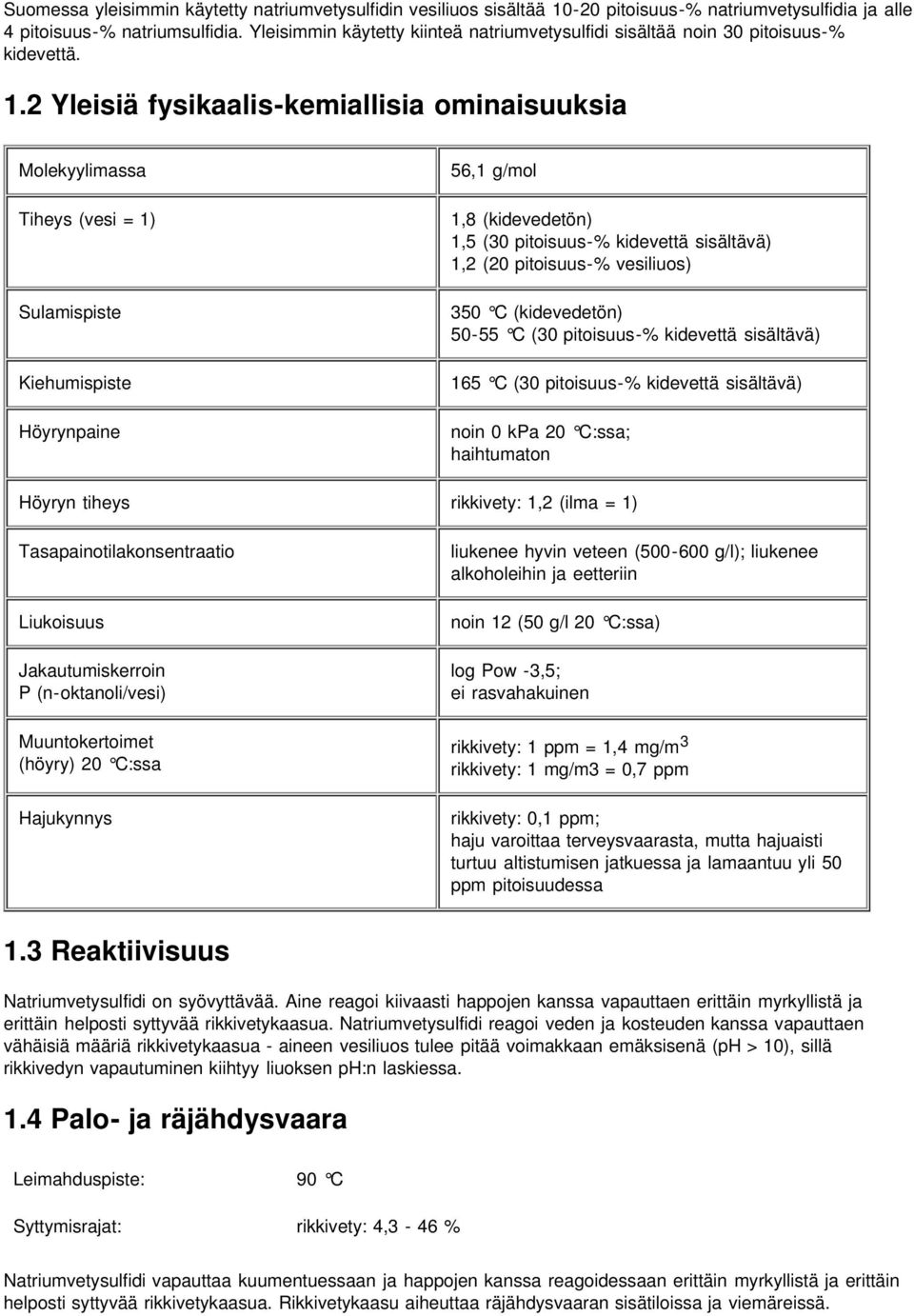 2 Yleisiä fysikaalis-kemiallisia ominaisuuksia Molekyylimassa Tiheys (vesi = 1) Sulamispiste Kiehumispiste Höyrynpaine 56,1 g/mol 1,8 (kidevedetön) 1,5 (30 pitoisuus-% kidevettä sisältävä) 1,2 (20