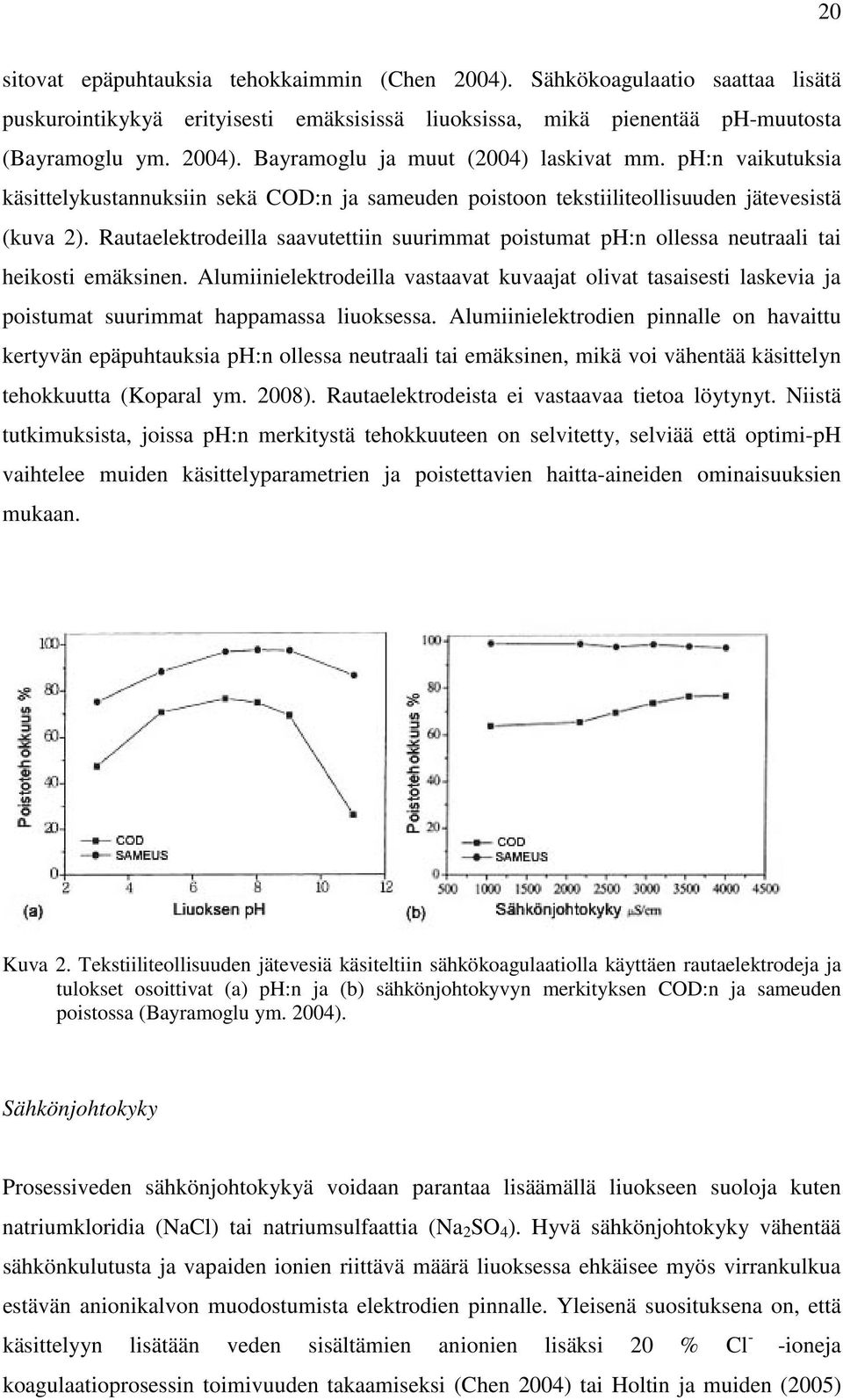 Rautaelektrodeilla saavutettiin suurimmat poistumat ph:n ollessa neutraali tai heikosti emäksinen.