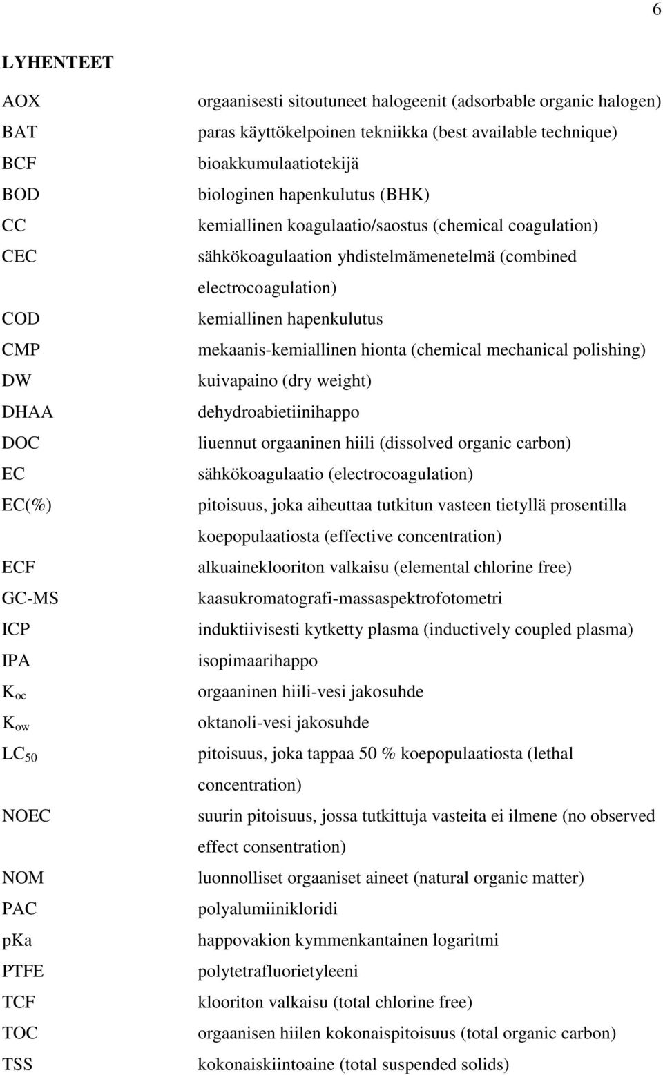 yhdistelmämenetelmä (combined electrocoagulation) kemiallinen hapenkulutus mekaanis-kemiallinen hionta (chemical mechanical polishing) kuivapaino (dry weight) dehydroabietiinihappo liuennut