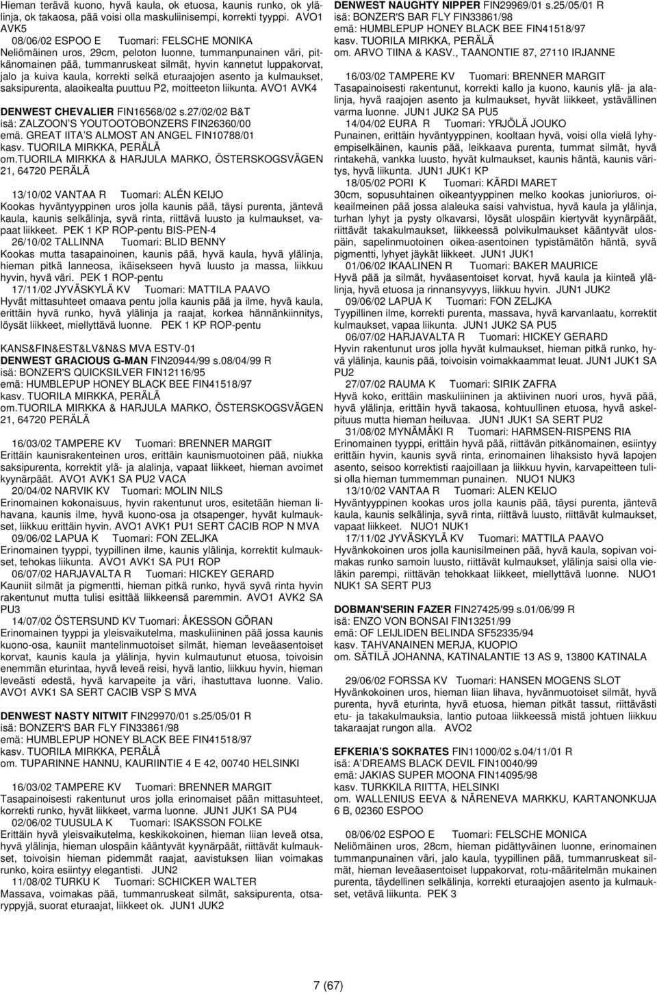 kulmaukset, saksipurenta, alaoikealta puuttuu P2, moitteeton liikunta. AVO1 AVK4 DENWEST CHEVALIER FIN16568/02 s.27/02/02 B&T isä: ZALZOON S YOUTOOTOBONZERS FIN26360/00 emä.