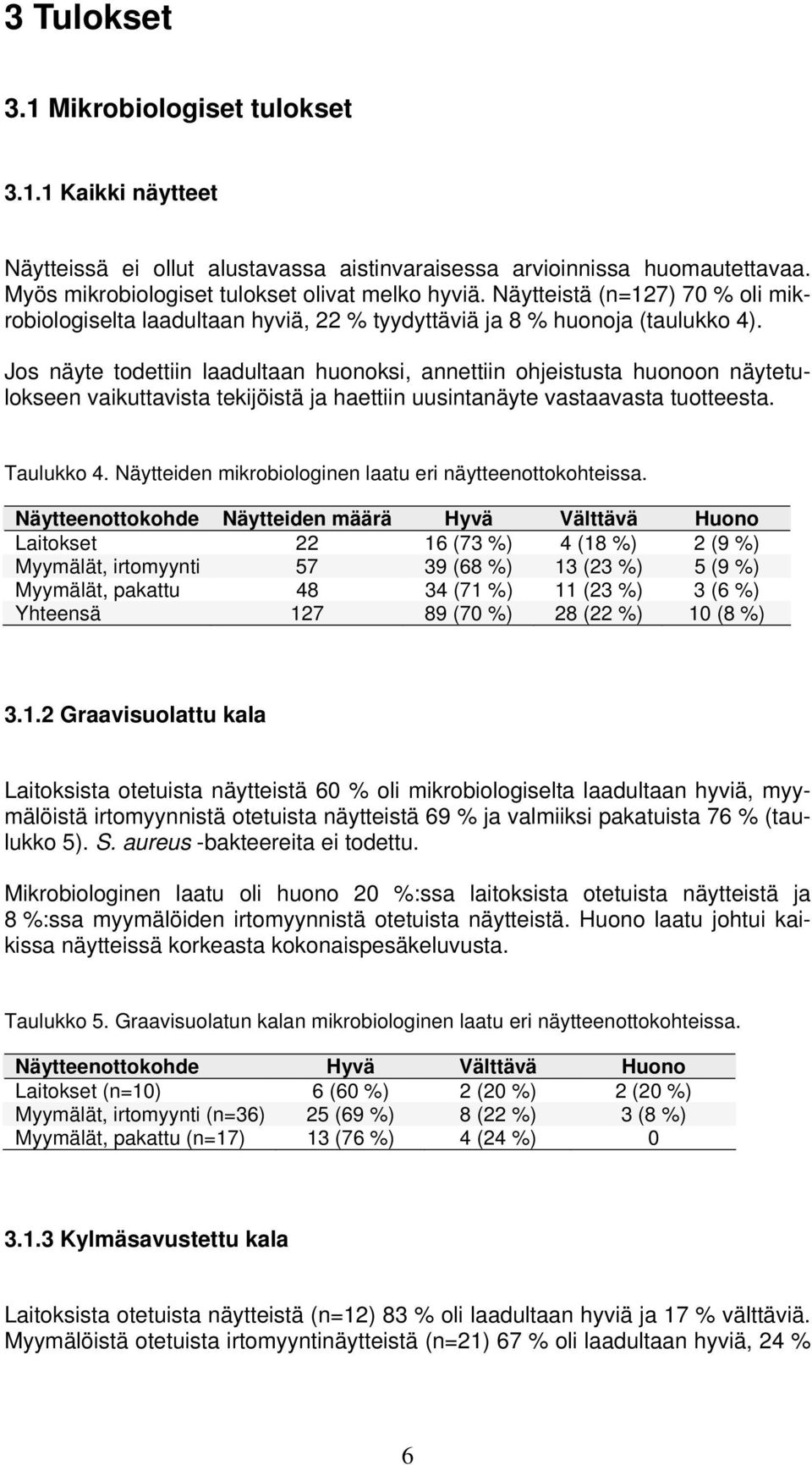 Jos näyte todettiin laadultaan huonoksi, annettiin ohjeistusta huonoon näytetulokseen vaikuttavista tekijöistä ja haettiin uusintanäyte vastaavasta tuotteesta. Taulukko 4.