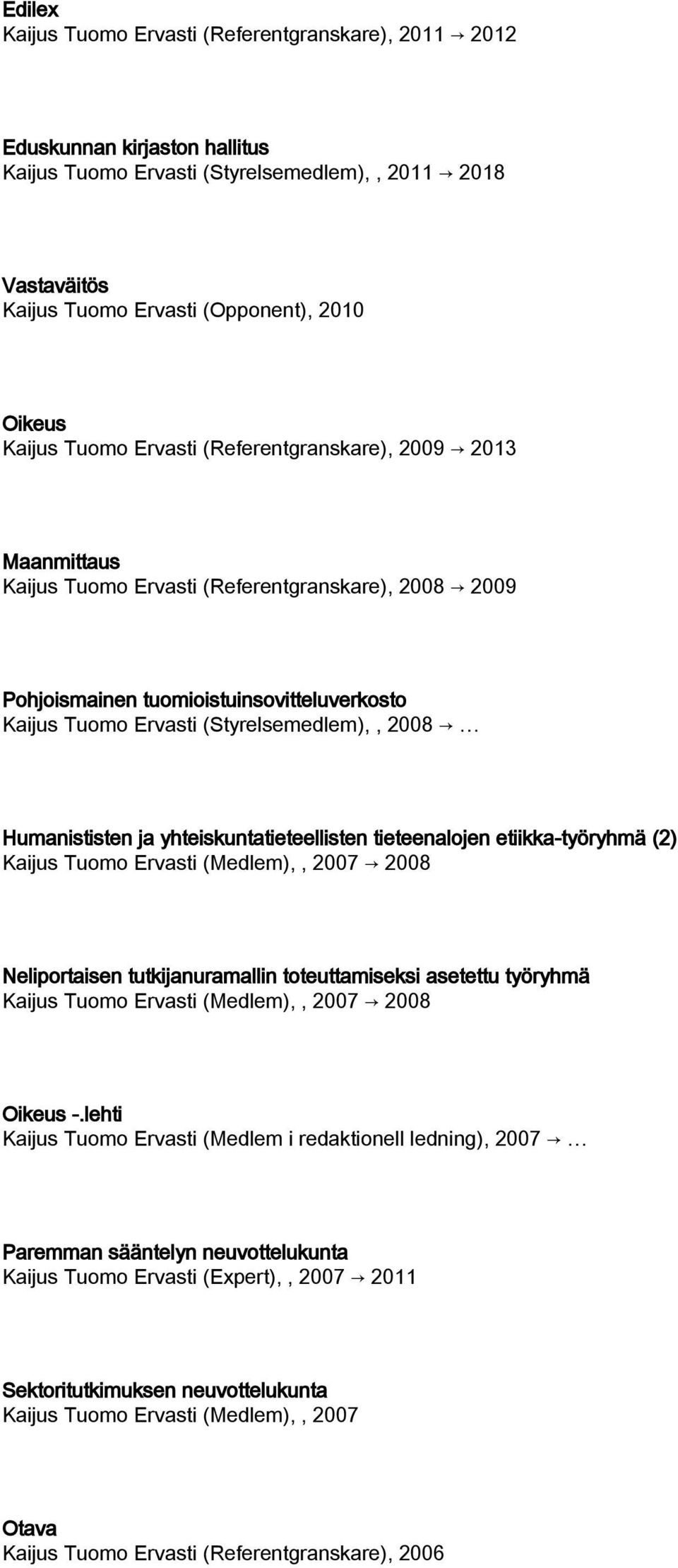 2008 Humanististen ja yhteiskuntatieteellisten tieteenalojen etiikka-työryhmä (2) Kaijus Tuomo Ervasti (Medlem),, 2007 2008 Neliportaisen tutkijanuramallin toteuttamiseksi asetettu työryhmä Kaijus