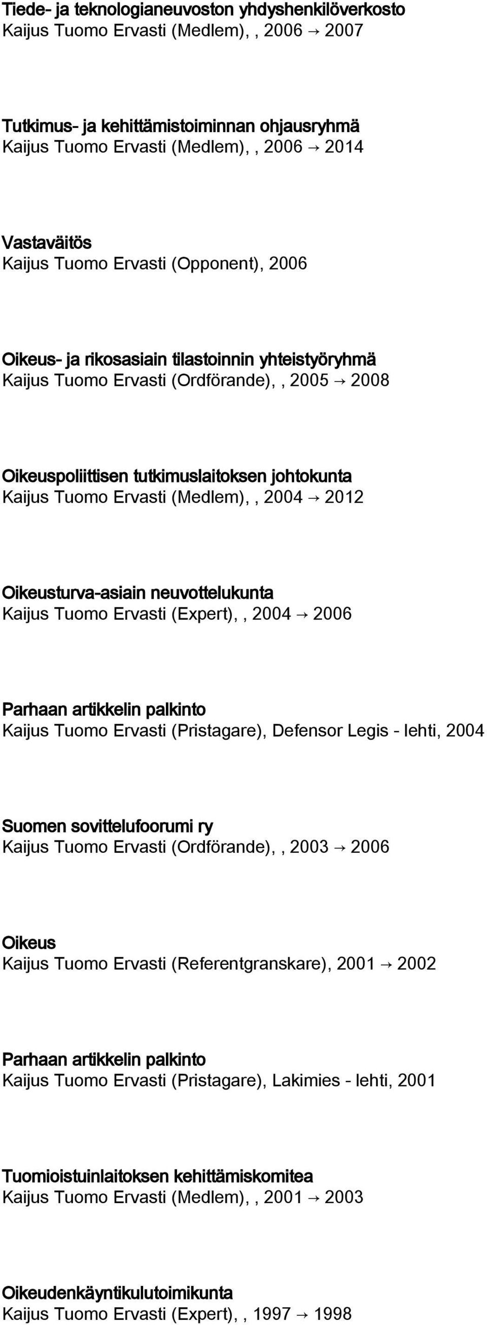 (Medlem),, 2004 2012 Oikeusturva-asiain neuvottelukunta Kaijus Tuomo Ervasti (Expert),, 2004 2006 Parhaan artikkelin palkinto Kaijus Tuomo Ervasti (Pristagare), Defensor Legis - lehti, 2004 Suomen