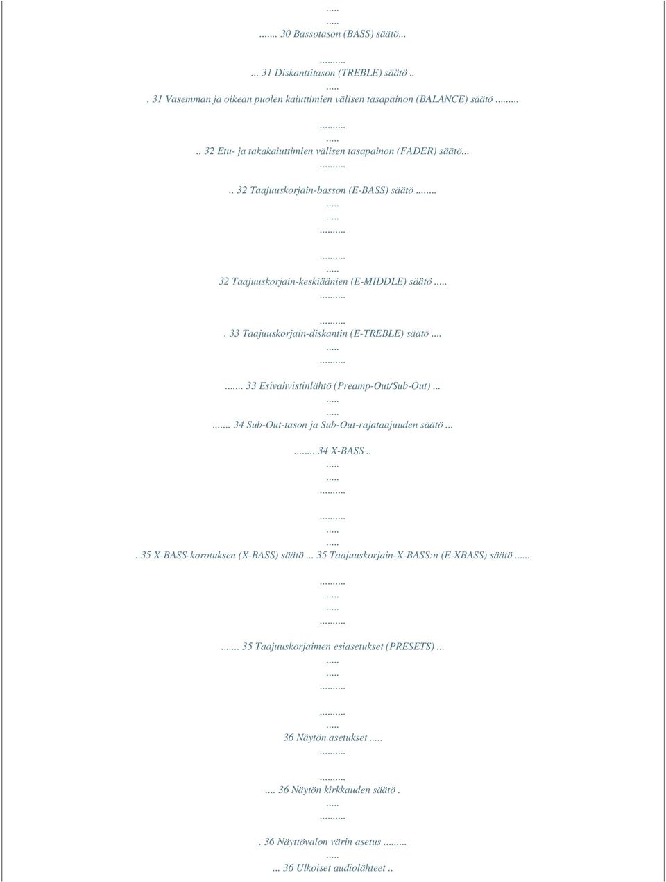 33 Taajuuskorjain-diskantin (E-TREBLE) säätö..... 33 Esivahvistinlähtö (Preamp-Out/Sub-Out)..... 34 Sub-Out-tason ja Sub-Out-rajataajuuden säätö...... 34 X-BASS.