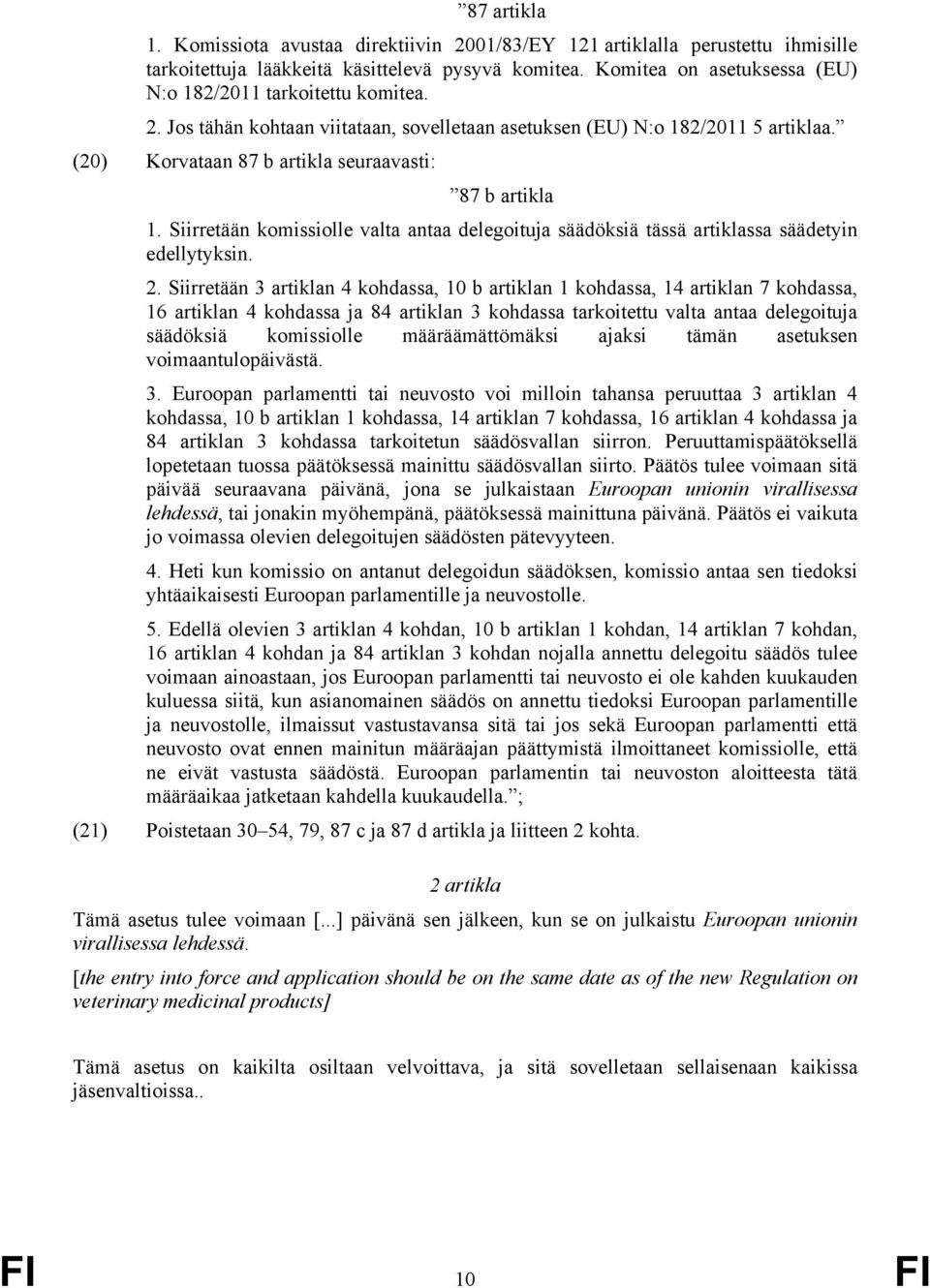 (20) Korvataan 87 b artikla seuraavasti: 87 b artikla 1. Siirretään komissiolle valta antaa delegoituja säädöksiä tässä artiklassa säädetyin edellytyksin. 2.