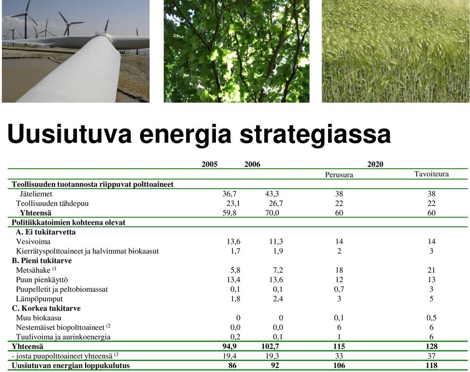 Pieni tukitarve Metsähake (1 5,8 7,2 18 21 Puun pienkäyttö 13,4 13,6 12 13 Puupelletit ja peltobiomassat 0,1 0,1 0,7 3 Lämpöpumput 1,8 2,4 3 5 C.