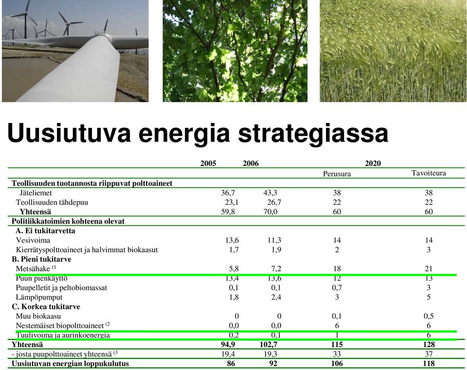 Pieni tukitarve Metsähake (1 5,8 7,2 18 21 Puun pienkäyttö 13,4 13,6 12 13 Puupelletit ja peltobiomassat 0,1 0,1 0,7 3 Lämpöpumput 1,8 2,4 3 5 C.