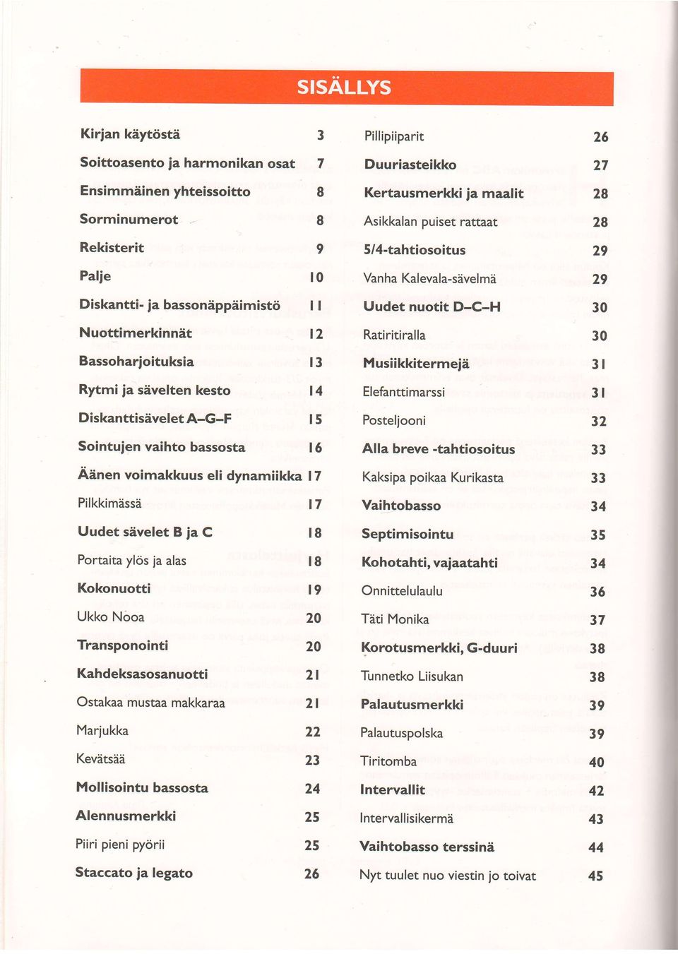 ja sdvelten kesto t4 Elefanttimarssi 3l D iskanttisivelet A-G-F l5 Posteljooni 32 Sointujen vaihto bassosta t6 Alla breve -tahtiosoitus 33 Aenen voimakkuus eli dynamiikka l7 Kaksipa poikaa Kurikasta