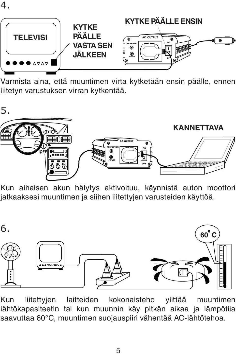 liitetyn varustuksen virran kytkentää. 5.