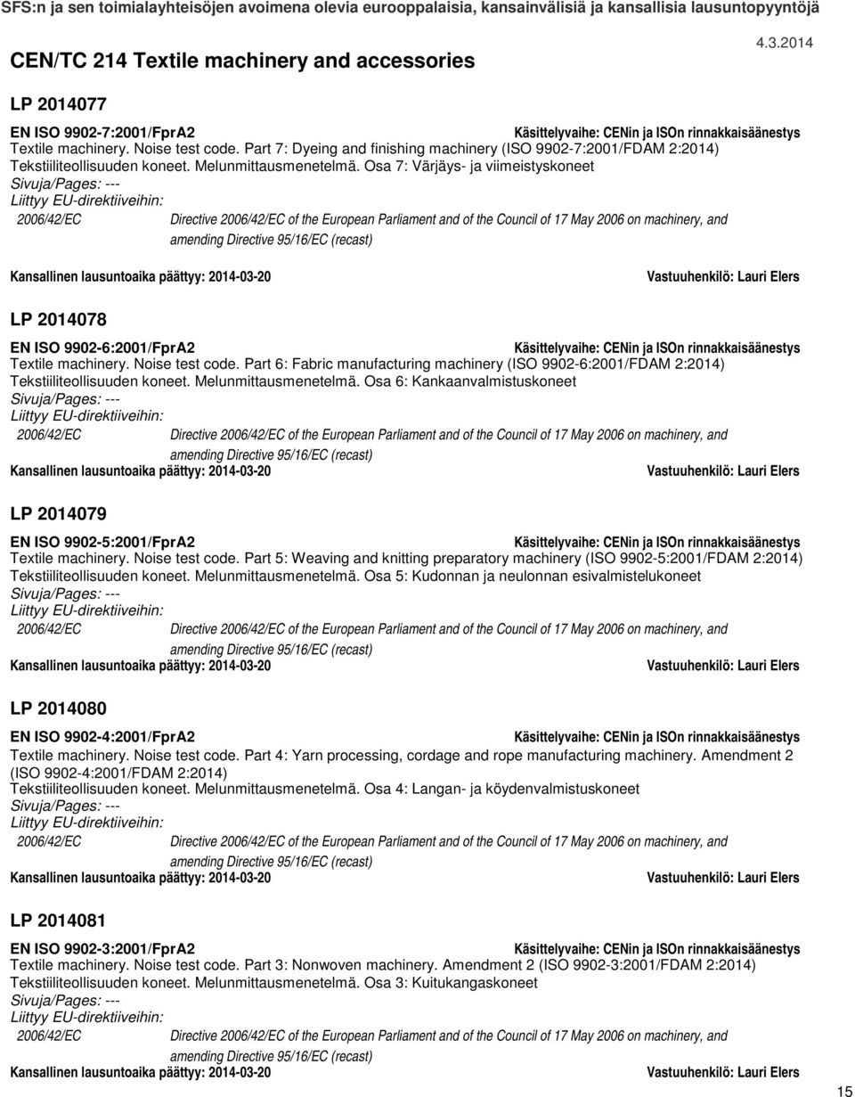 Osa 7: Värjäys- ja viimeistyskoneet 2006/42/EC Directive 2006/42/EC of the European Parliament and of the Council of 17 May 2006 on machinery, and amending Directive 95/16/EC (recast) Kansallinen