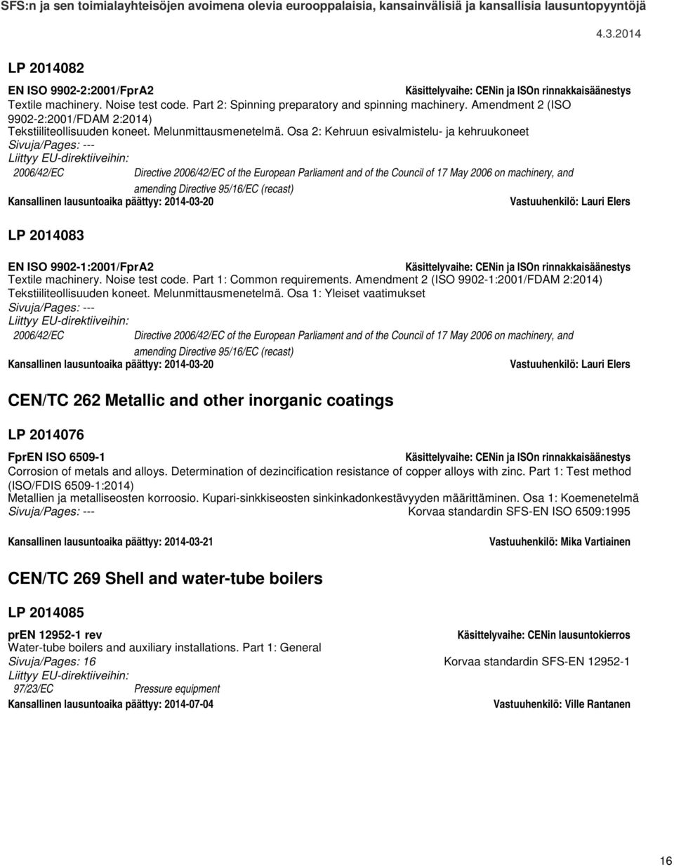 Osa 2: Kehruun esivalmistelu- ja kehruukoneet 2006/42/EC Directive 2006/42/EC of the European Parliament and of the Council of 17 May 2006 on machinery, and amending Directive 95/16/EC (recast)