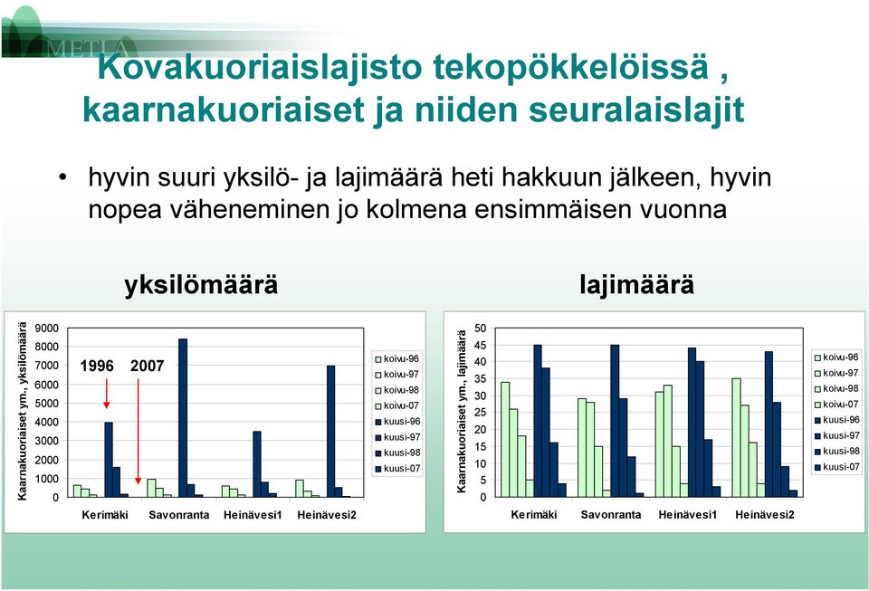 , yksilömäärä 9 8 7 6 5 3 1 1996 7 koivu-96 koivu-97 koivu-98 koivu-7 kuusi-96 kuusi-97 kuusi-98 kuusi-7 Kaarnakuoriaiset ym.