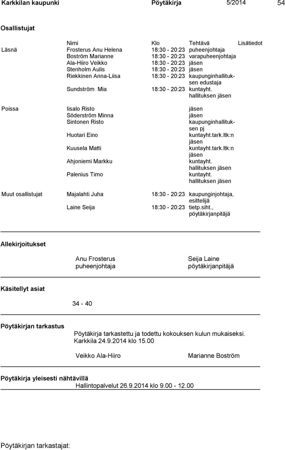 hallituksen jäsen Poissa Iisalo Risto jäsen Söderström Minna jäsen Sintonen Risto kaupunginhallituksen pj Huotari Eino kuntayht.tark.ltk:n jäsen Kuusela Matti kuntayht.tark.ltk:n jäsen Ahjoniemi Markku kuntayht.