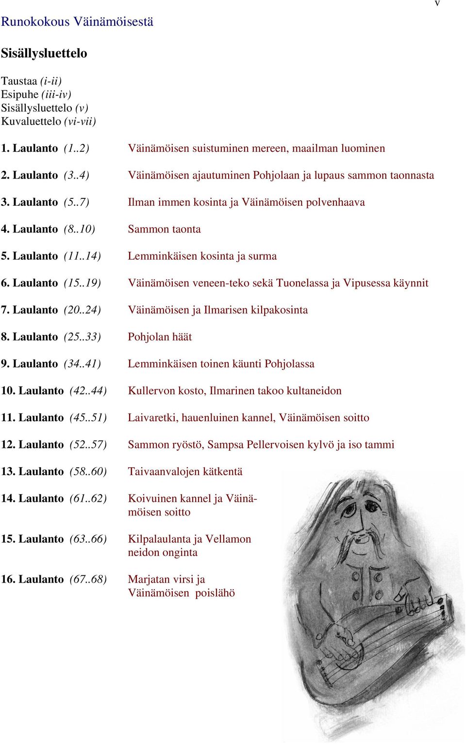 .14) Lemminkäisen kosinta ja surma 6. Laulanto (15..19) Väinämöisen veneen-teko sekä Tuonelassa ja Vipusessa käynnit 7. Laulanto (20..24) Väinämöisen ja Ilmarisen kilpakosinta 8. Laulanto (25.