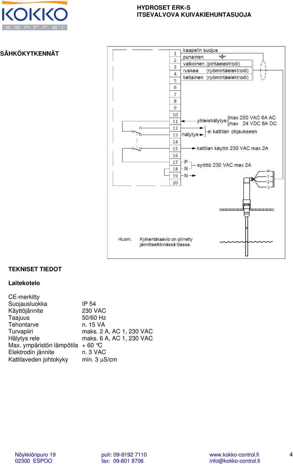 2 A, AC 1, 230 VAC Hälytys rele maks. 6 A, AC 1, 230 VAC Max.