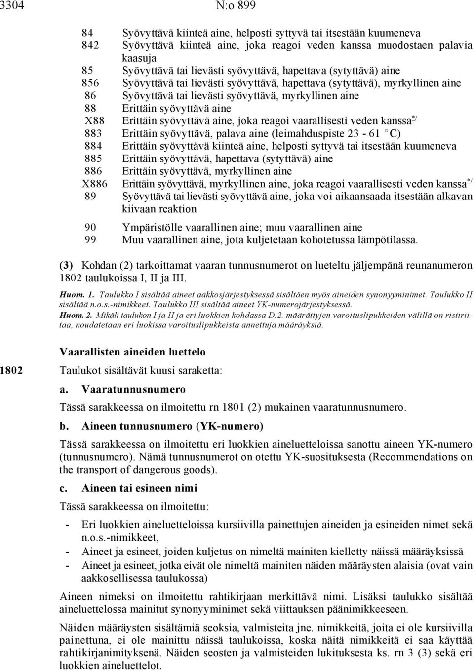 Erittäin syövyttävä aine, joka reagoi vaarallisesti veden kanssa */ 883 Erittäin syövyttävä, palava aine (leimahduspiste 23-61 EC) 884 Erittäin syövyttävä kiinteä aine, helposti syttyvä tai itsestään