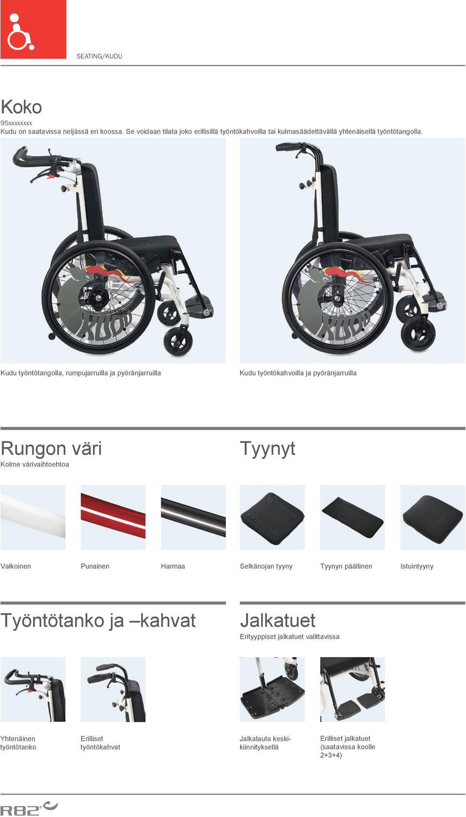 Kudu työntötangolla, rumpujarruilla ja pyöränjarruilla Kudu työntökahvoilla ja pyöränjarruilla Rungon väri Kolme värivaihtoehtoa Tyynyt