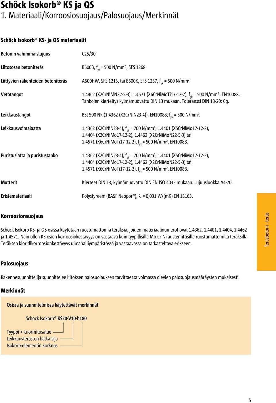 Liittyvien rakenteiden betoniteräs A500HW, SFS 1215, tai B500K, SFS 1257, f yk = 500 N/mm 2. Vetotangot 1.4462 (X2CrNiMN22-5-3), 1.4571 (X6CrNiMoTi17-12-2), f yk = 500 N/mm 2, EN10088.