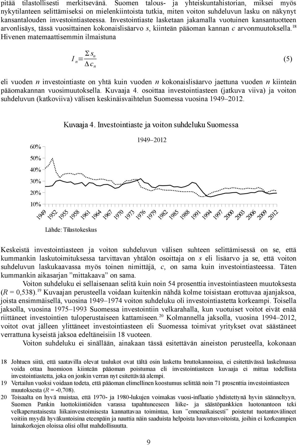 Investointiaste lasketaan jakamalla vuotuinen kansantuotteen arvonlisäys, tässä vuosittainen kokonaislisäarvo s, kiinteän pääoman kannan c arvonmuutoksella.