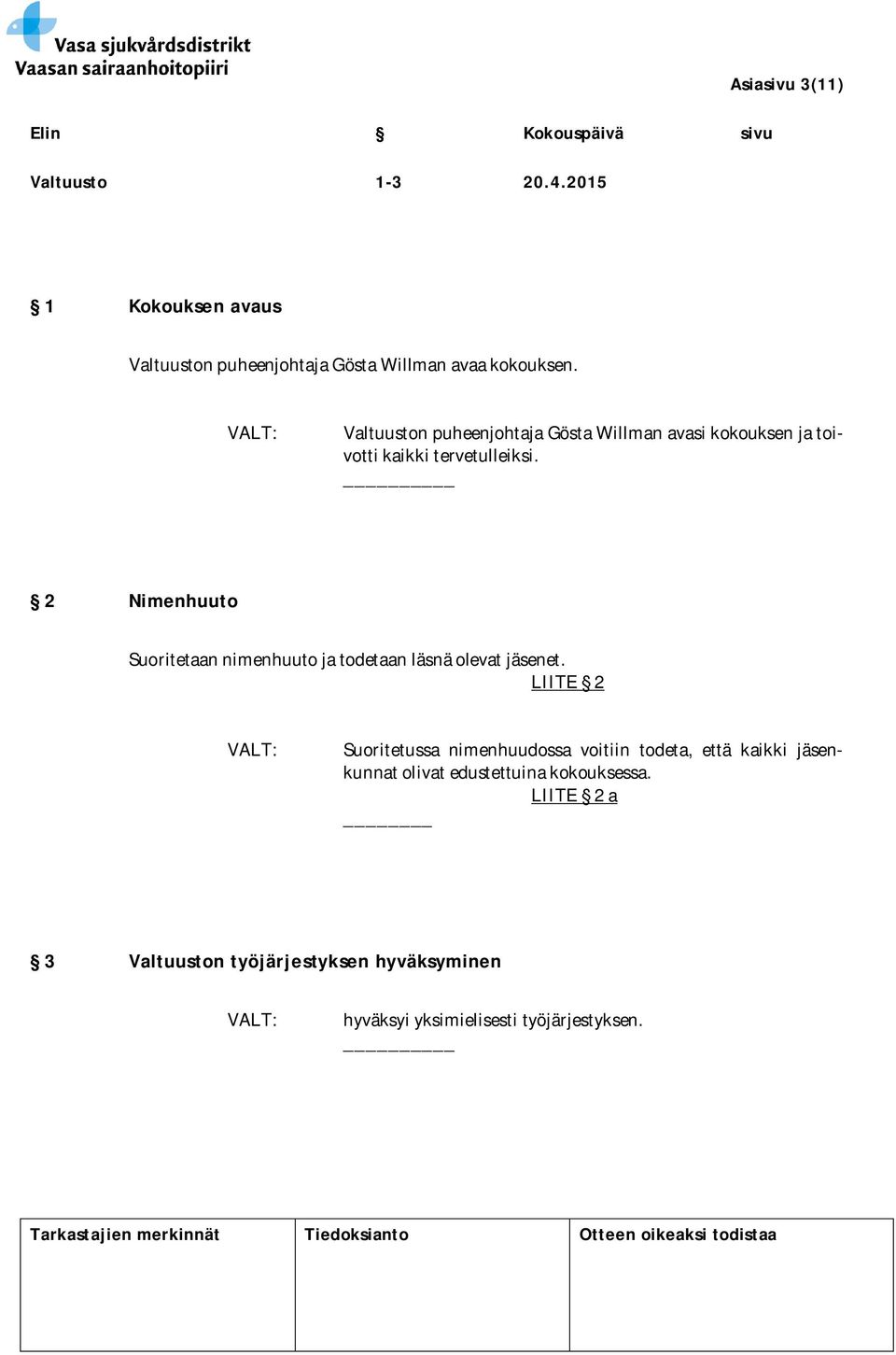 2 Nimenhuuto Suoritetaan nimenhuuto ja todetaan läsnä olevat jäsenet.