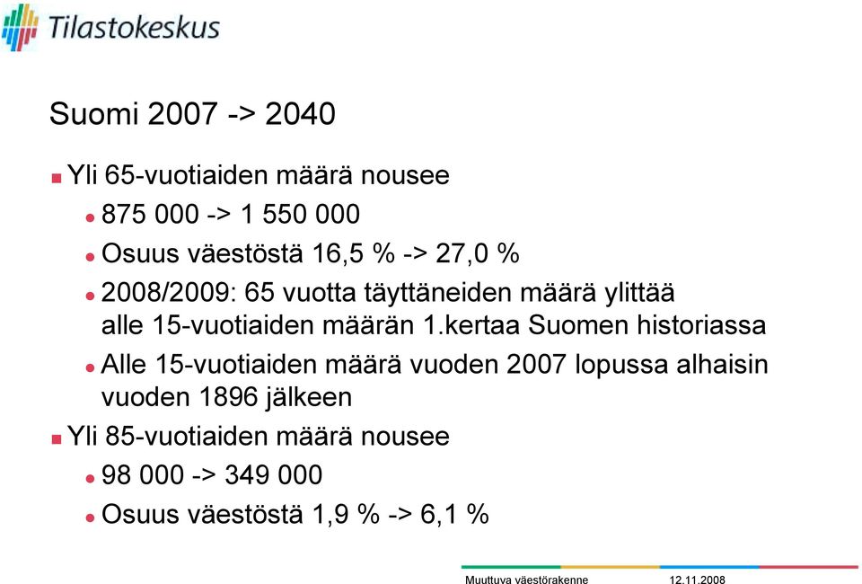 2008/2009: 65 vuotta täyttäneiden määrä ylittää alle 15-vuotiaiden määrän 1.