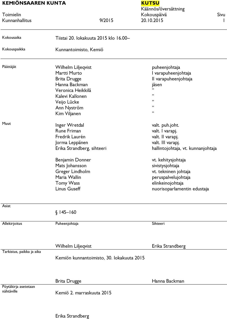 Rune Friman Fredrik Laurén Jorma Leppänen Erika Strandberg, sihteeri Benjamin Donner Mats Johansson Greger Lindholm Maria Wallin Tomy Wass Linus Guseff puheenjohtaja I varapuheenjohtaja II
