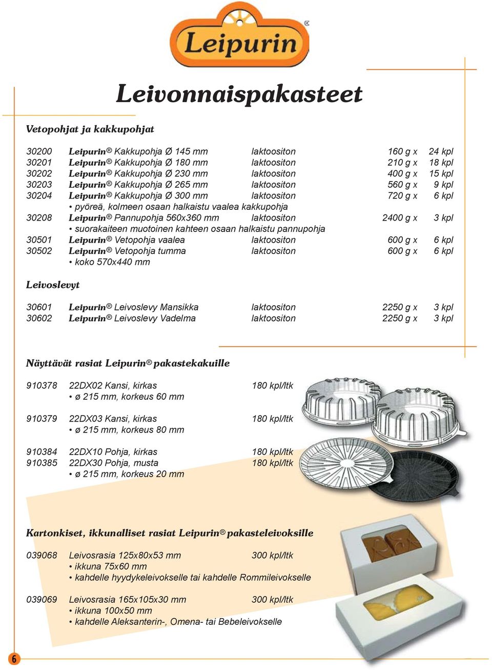 kakkupohja 30208 Leipurin Pannupohja 560x360 mm laktoositon 2400 g x 3 kpl suorakaiteen muotoinen kahteen osaan halkaistu pannupohja 30501 Leipurin Vetopohja vaalea laktoositon 600 g x 6 kpl 30502