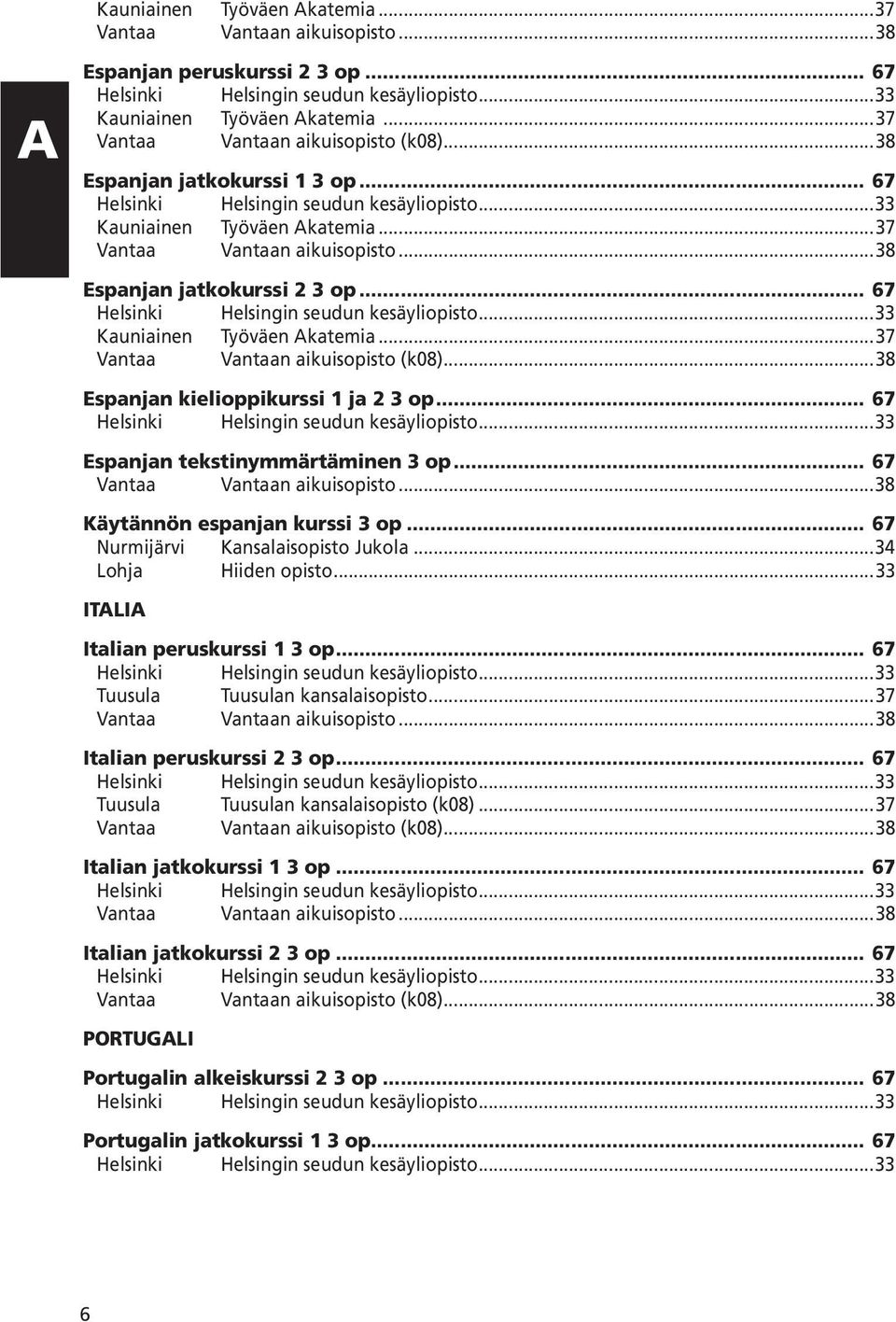 .. 67 Helsinki Helsingin seudun kesäyliopisto...33 Kauniainen Työväen Akatemia...37 Vantaa Vantaan aikuisopisto (k08)...38 Espanjan kielioppikurssi 1 ja 2 3 op.