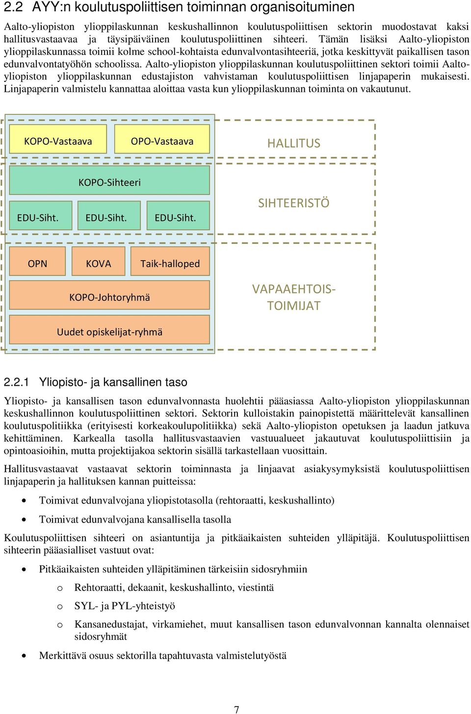 Aalto-yliopiston ylioppilaskunnan koulutuspoliittinen sektori toimii Aaltoyliopiston ylioppilaskunnan edustajiston vahvistaman koulutuspoliittisen linjapaperin mukaisesti.