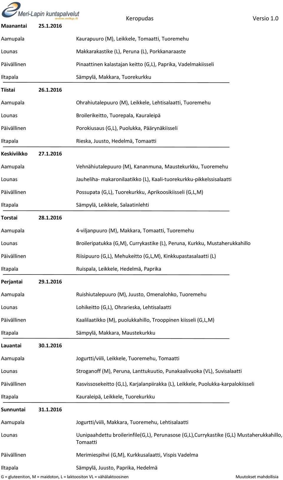 1.2016 Lohikeitto (G,L), Ohrarieska, Lehtisalaatti Kaalilaatikko (M), puolukkahillo, Trooppinen kiisseli (G,L,M) Lauantai 30.1.2016 Jogurtti/viili, Leikkele, Tuoremehu, Tomaatti Stroganoff (M),