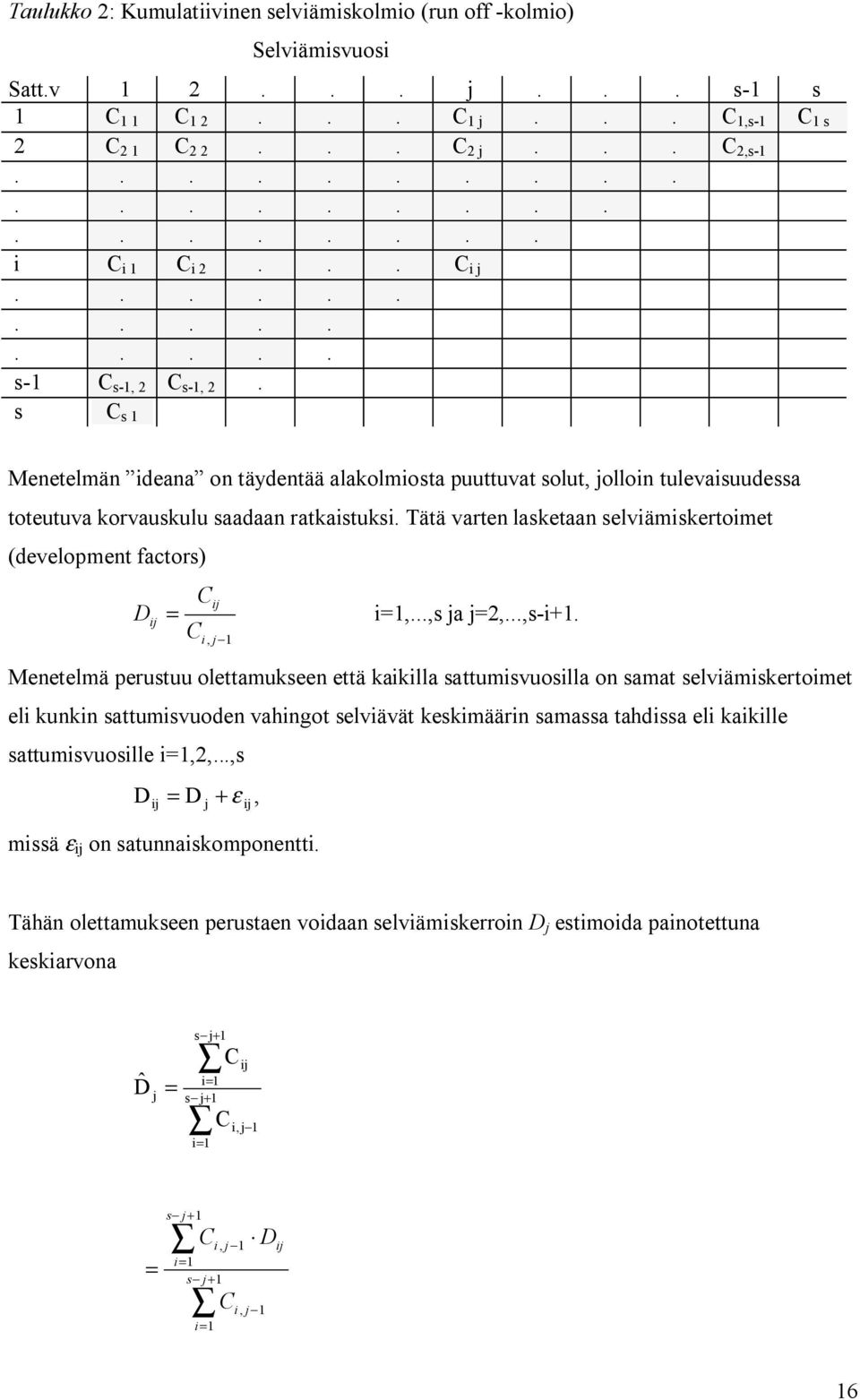Tätä varten lasketaan selviämiskertoimet (development factors) D ij C = C ij i, j 1 i=1,...,s ja j=2,...,s i+1.