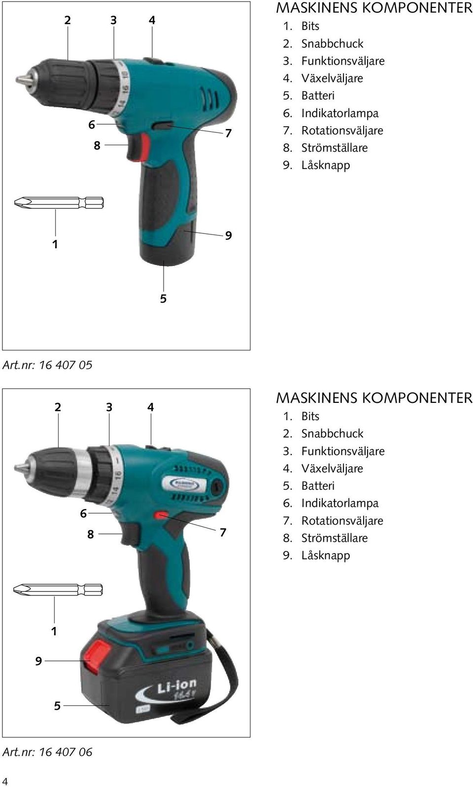 nr: 16 407 05  Batteri 6. Indikatorlampa 7. Rotationsväljare 8. Strömställare 9.