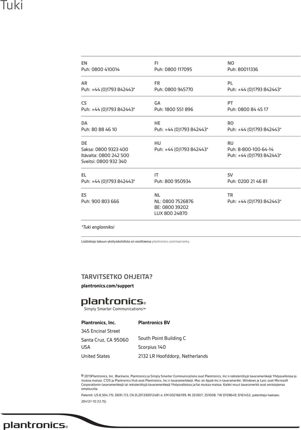 Lisätietoja takuun yksityiskohdista on osoitteessa plantronics.com/warranty. TARVITSETKO OHJEITA? plantronics.com/support Plantronics, Inc.