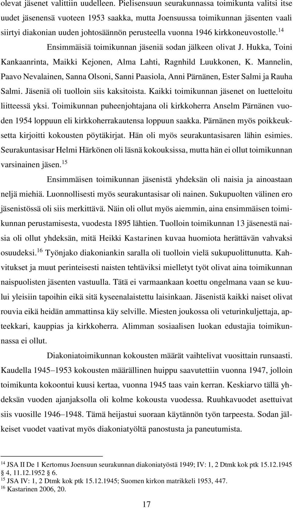 kirkkoneuvostolle. 14 Ensimmäisiä toimikunnan jäseniä sodan jälkeen olivat J. Hukka, Toini Kankaanrinta, Maikki Kejonen, Alma Lahti, Ragnhild Luukkonen, K.