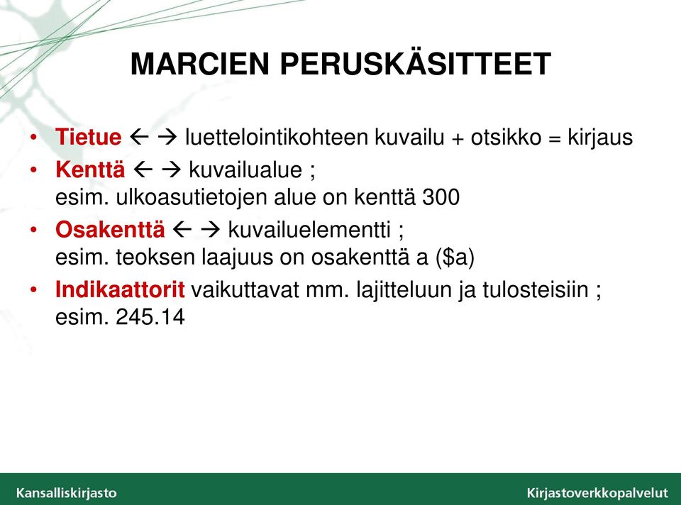 ulkoasutietojen alue on kenttä 300 Osakenttä kuvailuelementti ; esim.