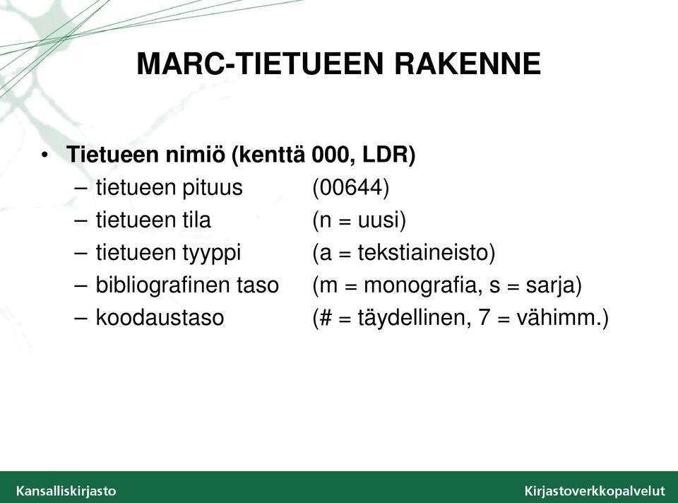 tyyppi (a = tekstiaineisto) bibliografinen taso (m =